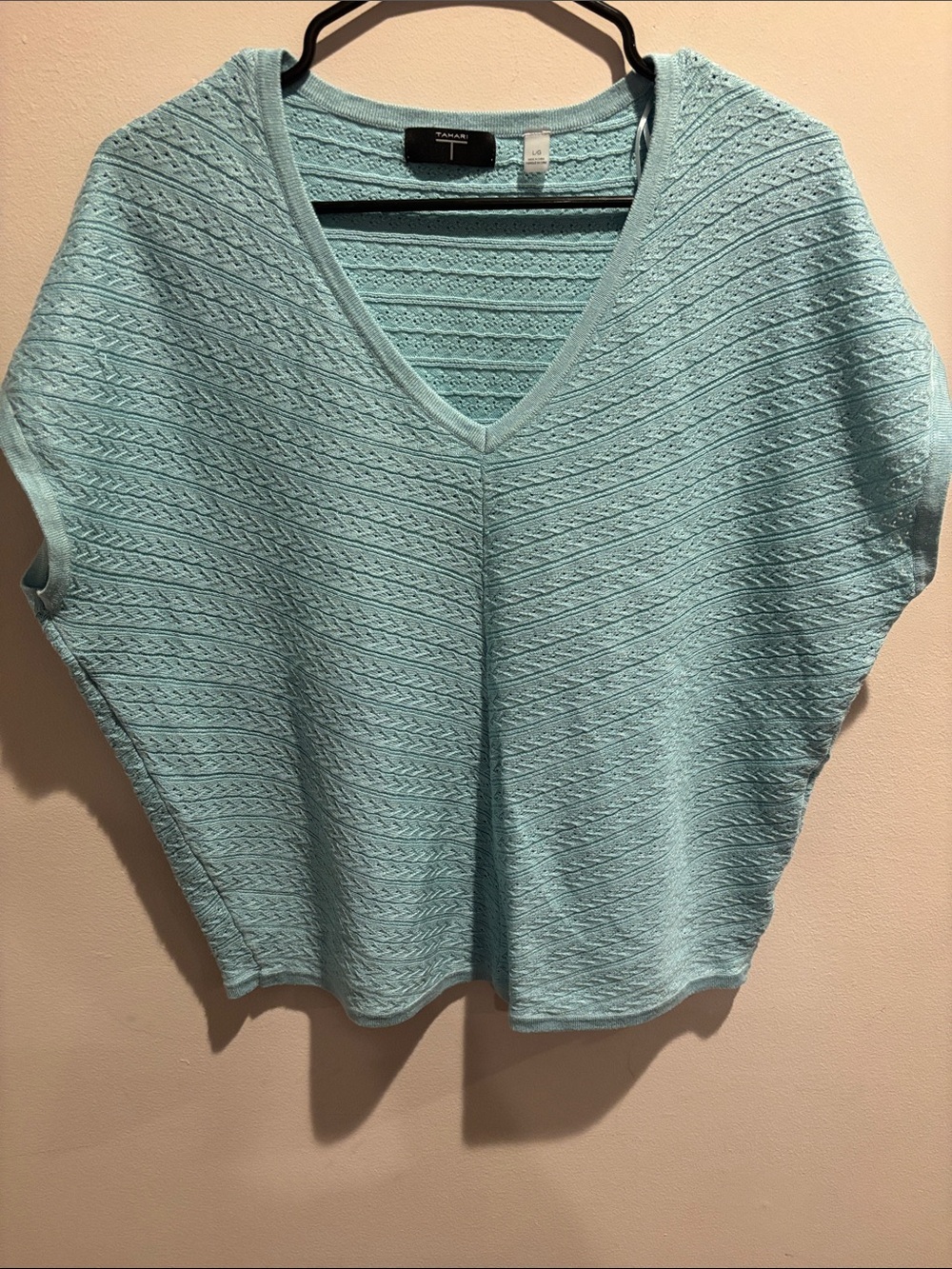 Tahari Light Teal Openwork Knit V-Neck Top